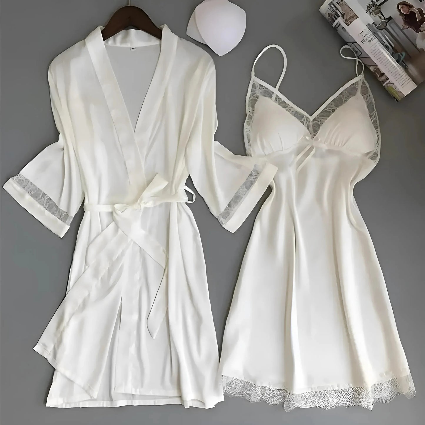 White Satin Nightwear Set with Lace
