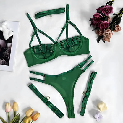 Green 4-Piece Lingerie Set with Decorative Straps