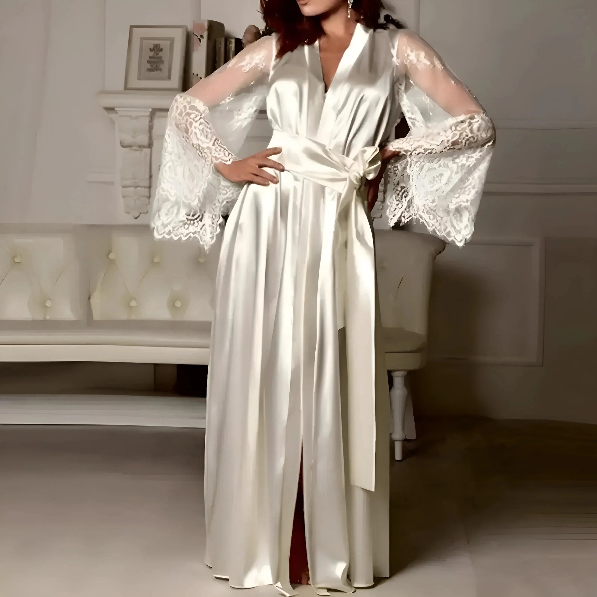 Long Satin Robe with Lace Trim