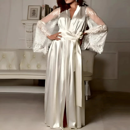 Long Satin Robe with Lace Trim