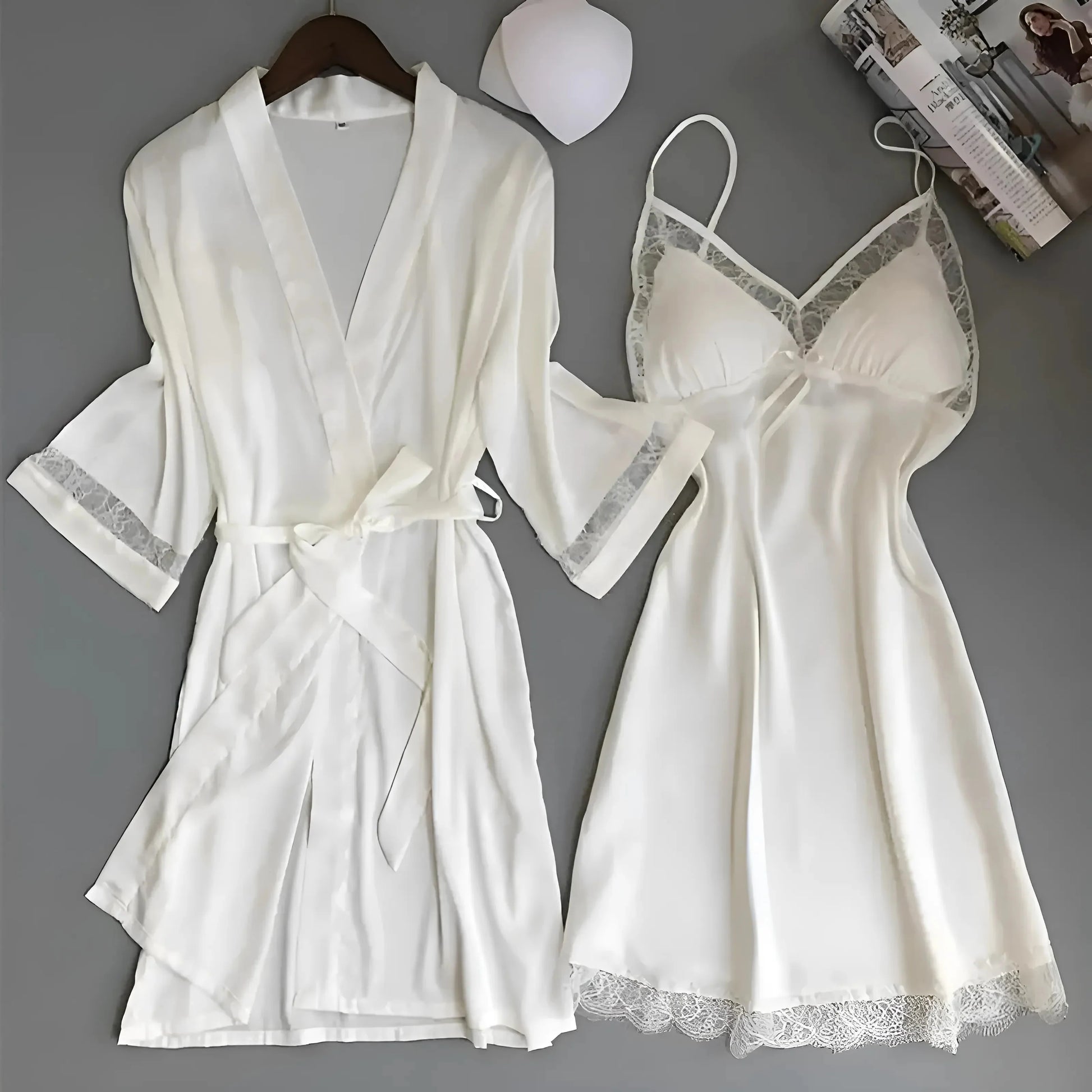 White Satin Nightwear Set with Lace