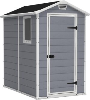 Keter Manor 4×6 Resin Outdoor Storage Shed Kit-Perfect to Store Patio Furniture, Garden Tools Bike Accessories, Beach Chairs and Lawn Mower, Grey & White